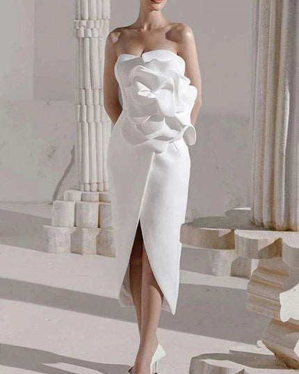 Strapless Evening Gown with 3D Floral Embellishments and Side Slit - Solid Color Zipper Style