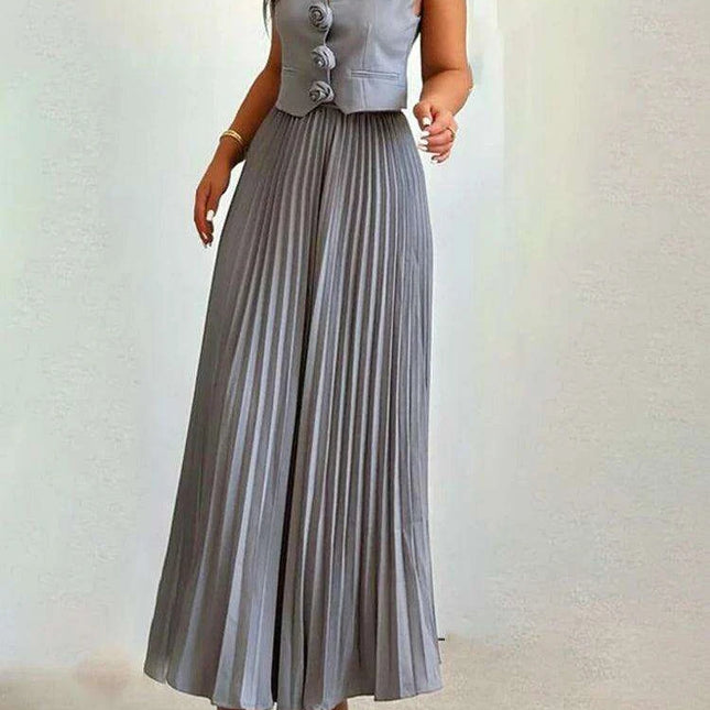 Sophisticated 2-Piece Floral Waistcoat and Flowing Skirt Set for Women