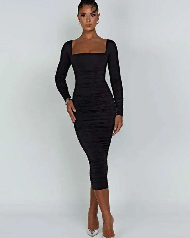 Elegant Long Sleeve Black Midi Dress with Ruched Detailing - The Ultimate Women’s Wardrobe Staple