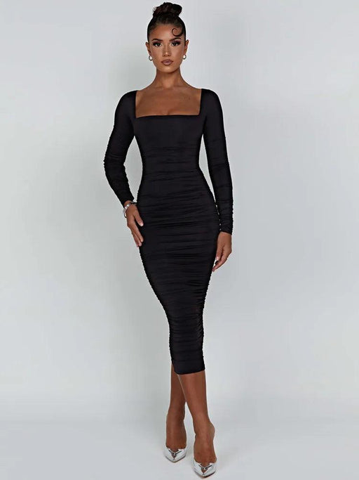 Elegant Long Sleeve Black Midi Dress with Ruched Detailing - The Ultimate Women’s Wardrobe Staple