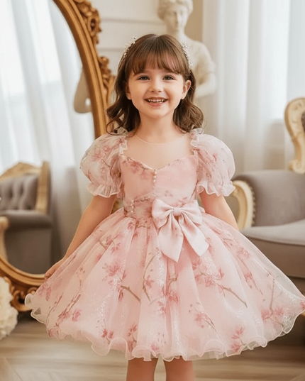 Charming Bow-Print Puff Sleeve Evening Dress for Girls