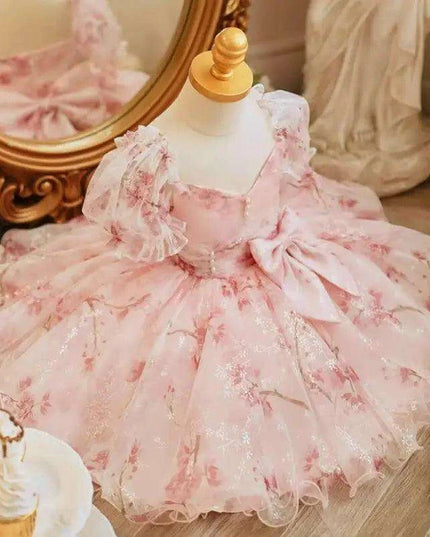 Charming Bow-Print Puff Sleeve Evening Dress for Girls