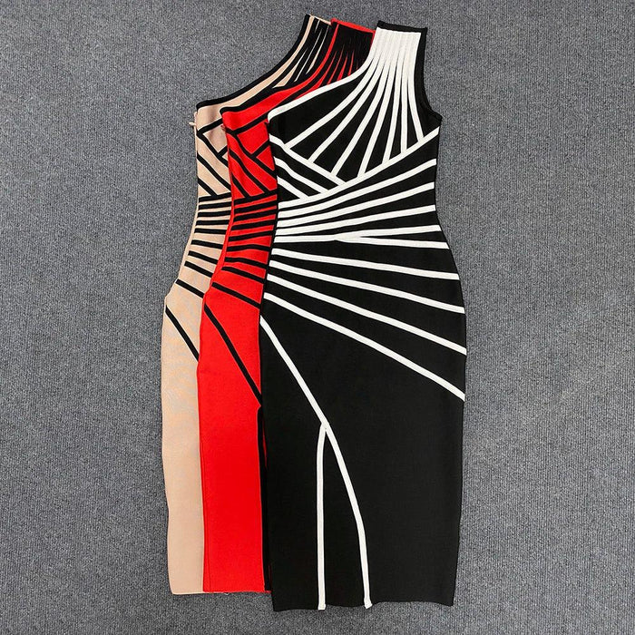 Nightlife Elegance: Striking One-Shoulder Striped Bandage Dress for Glamorous Evenings