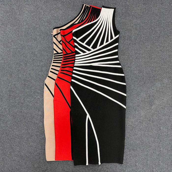 High Street Chic: Elegant One-Shoulder Striped Bandage Dress for Nightlife Glam