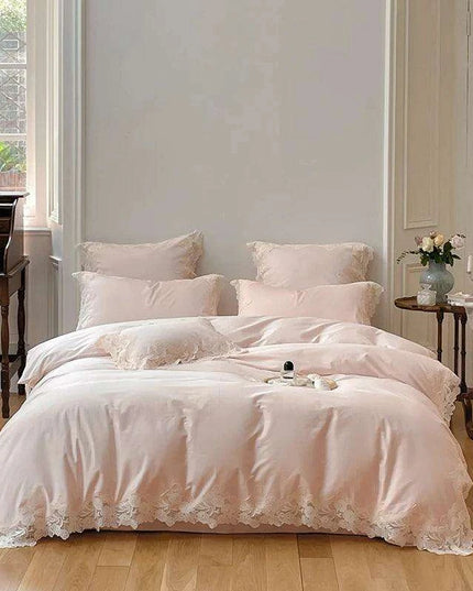 Chic Light Pink Lace Embroidered Royal Quilt Set - Luxurious Egyptian Cotton Duvet Cover with Matching Bed Sheet & Pillowcases in Korean Design