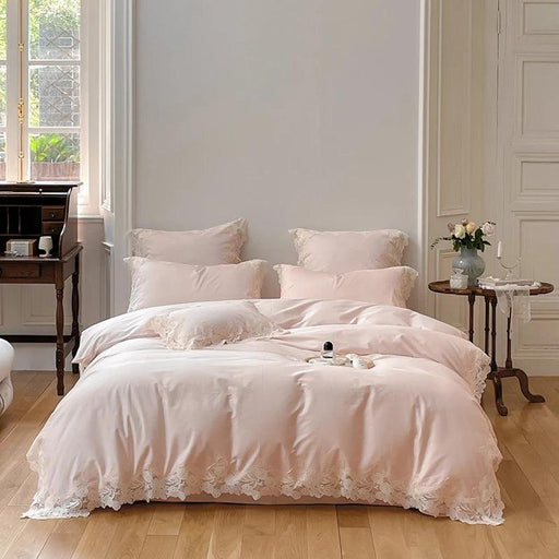 Chic Light Pink Lace Embroidered Royal Quilt Set - Luxurious Egyptian Cotton Duvet Cover with Matching Bed Sheet & Pillowcases in Korean Design