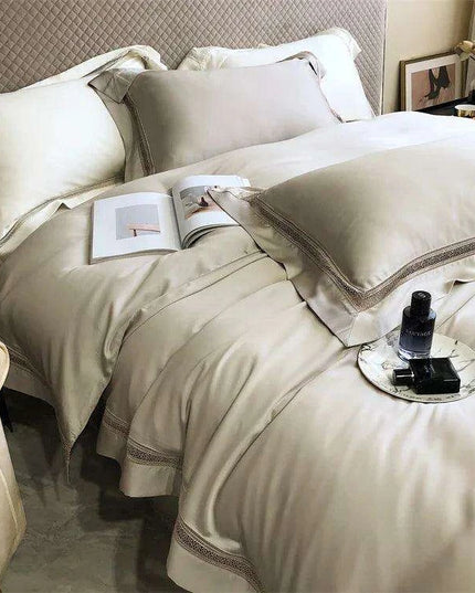 Sumptuous 1000TC Egyptian Cotton Bedding Ensemble with Elegant Hollow Lace - Duvet Cover, Flat & Fitted Sheets, Pillowcases for Queen & King Beds