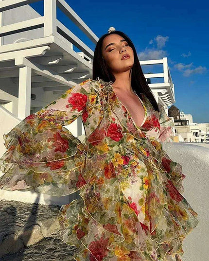 Bohemian Summer Floral V-Neck Dress with Ruffles