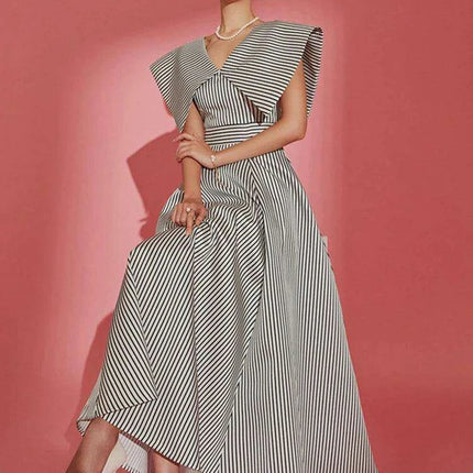 Striped High-Waisted Evening Dress with Oversized Collar for Women – 2024 Summer Collection 35Z657
