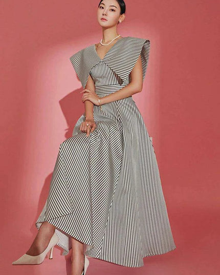 Striped High-Waisted Evening Dress with Oversized Collar for Women – 2024 Summer Collection 35Z657