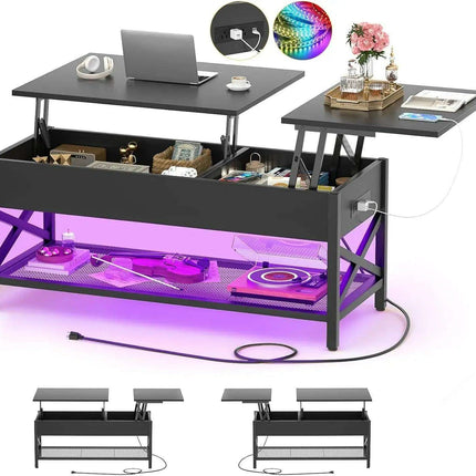 Modern Lift-Top Coffee Table with LED Lighting, USB Ports, and Smart Storage Solutions
