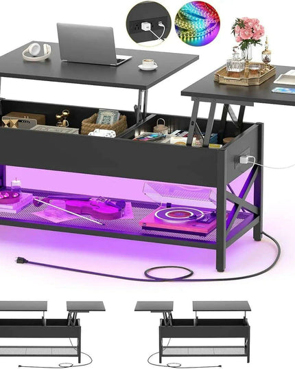 Modern Lift-Top Coffee Table with LED Lighting, USB Ports, and Smart Storage Solutions