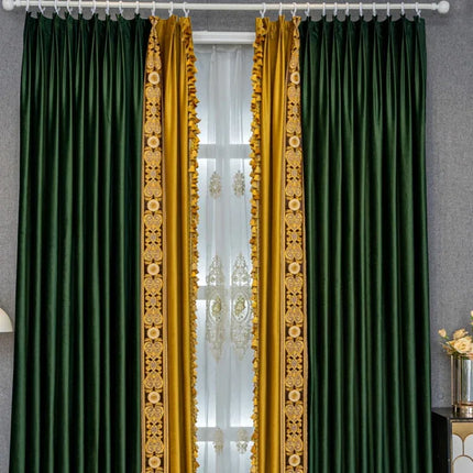 Dark Green Velvet Blackout Curtains with Embroidery — European Lace, Custom Width