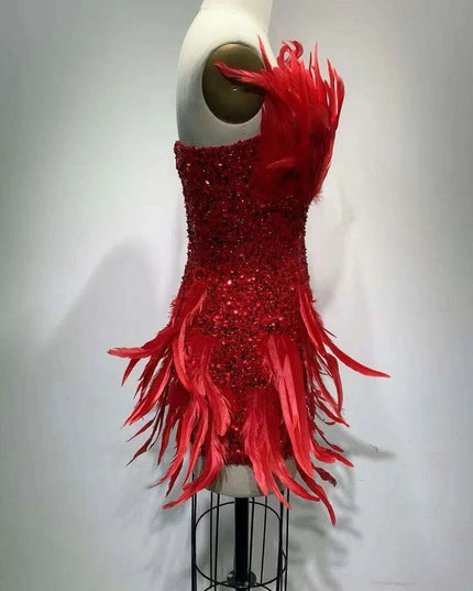 Crimson Elegance Feathered Night Out Dress - Luxe Edition