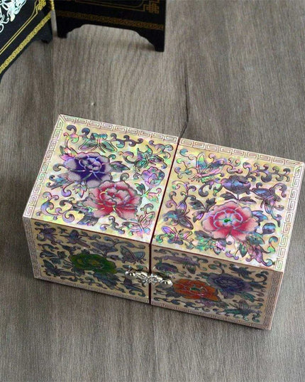 Opulent Mother of Pearl Jewelry Organizer with Butterfly and Peony Design - 4 Spacious Drawers