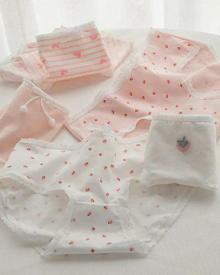 Charming Pink Strawberry Bow-Embellished Cotton Underwear for Women and Students
