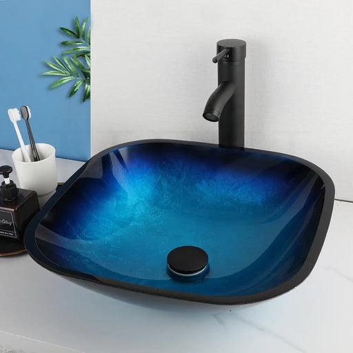 Gradient Blue Tempered Glass Bathroom Sink Washbasin Set with Waterfall or Stream Faucet Mixer Taps and Drainer