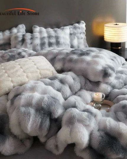 Luxurious Gradient Blue & Grey Faux Rabbit Fur Velvet Fleece Bedding Set with Sheets & Pillowcases
