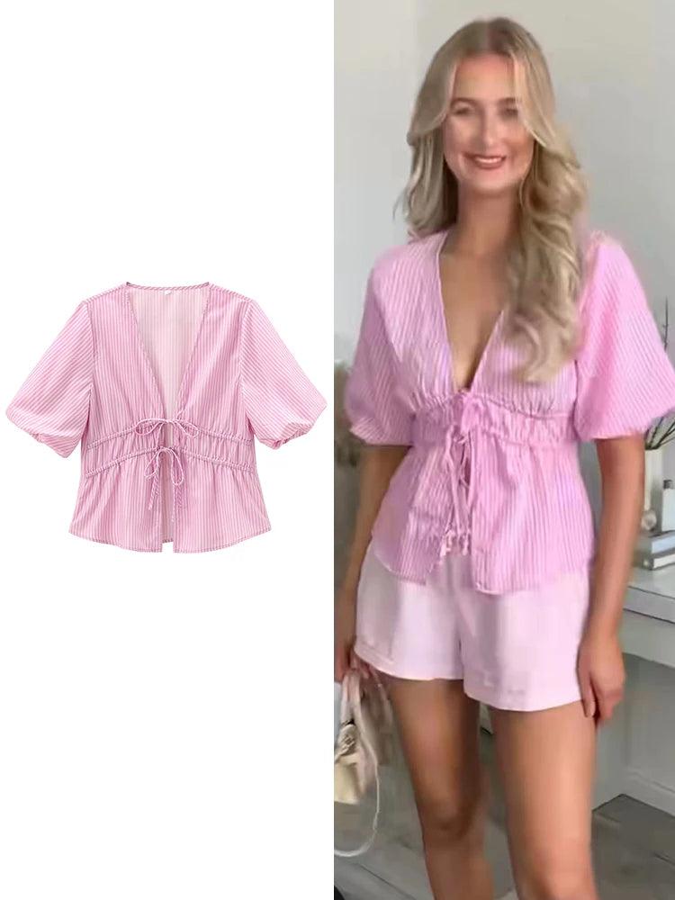 Trendy Striped V-Neck Top with Adorable Bow Detail