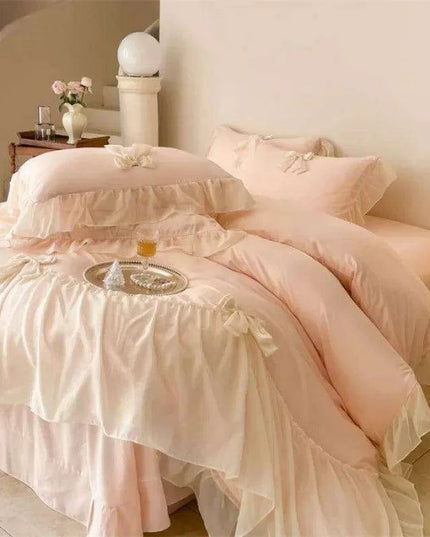 Elegant French Lace Ruffled Duvet Cover Set - Luxurious Bedding Ensemble with Bow Accents, Soft Sheets and Pillowcases