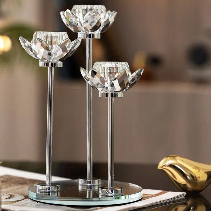 Golden Crystal Lotus Candlestick Holder - Wedding Table Decoration Candelabrum with Crystal Flowers