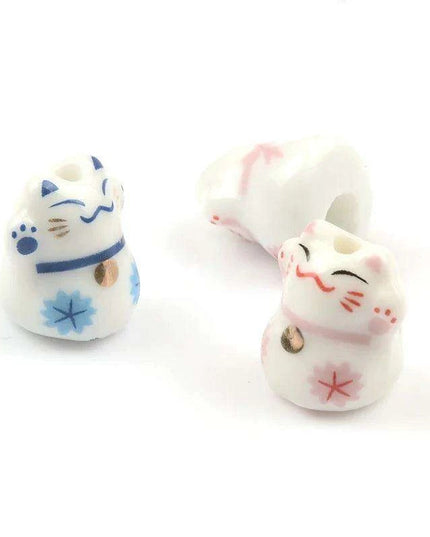 Whimsical Lucky Cat Ceramic Beads Set for Unique Jewelry Creations - 4 Pieces (13x14mm)