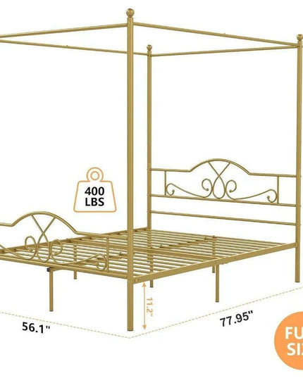 Elegant Metal Canopy Bed Frame with Four Posters and Storage Solutions