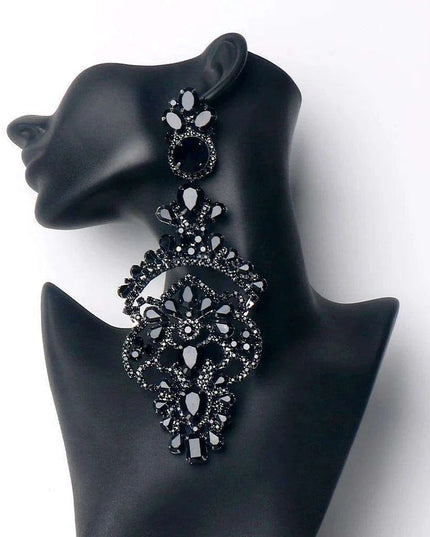 Glamorous Black Crystal and Rhinestone Dangle Earrings - Luxurious Statement Accessory