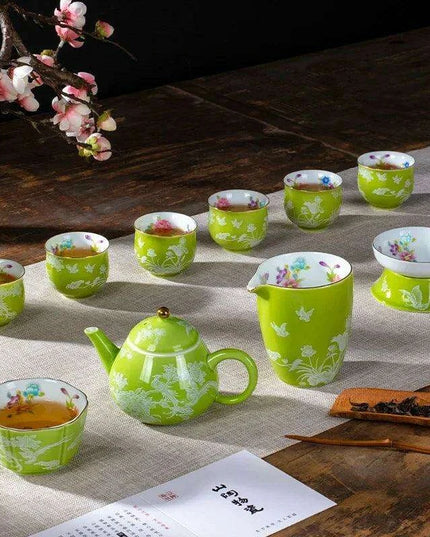Portable Handcrafted Jade Porcelain Tea Set with Chic Travel Case: Elegance On-the-Go