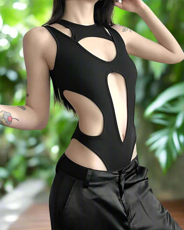 Edgy Backless Techwear Bodysuit - Y2K Grunge Hollowed Slim Fit Top for Women