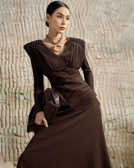 Sleek Asymmetrical V-neck Brown Evening Dress