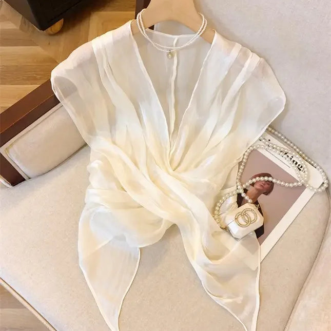 Brave Mother Women's Summer V-Neck Chiffon Blouse with Irregular Hem