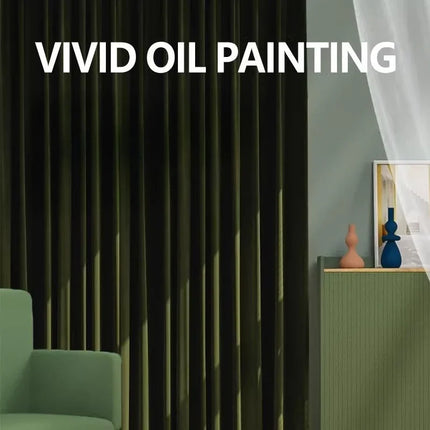 Deep green velvet curtain folds beside a green cabinet