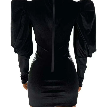 Elegant Custom-Fit Black Velvet Dress with Dazzling Silver Rhinestones