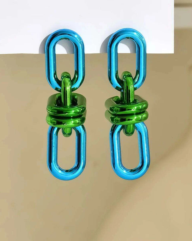 Emerald Edge Geometric Chain Earrings - Punk Chic Dangle Statement