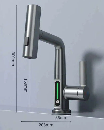 LED Waterfall Faucet with Temperature Display and Rotating Pull-Out Sprayer