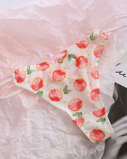 Charming Women's Sheer T-Back Thongs with Playful Strawberry and Cherry Print - Low-Waisted Seamless Sexy Underwear