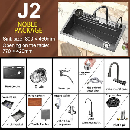 Large 304 Stainless Steel Kitchen Sink with LED Faucet, Modern