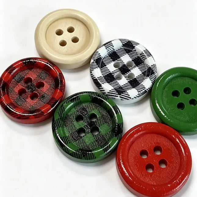 Round Wooden Sewing Buttons with Plaid Designs, 20 mm, 4 Holes