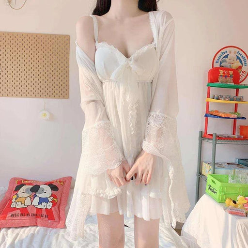 Sophisticated White Women's Lace Bow Sleepwear Collection - Chic Mesh Gown and Robe Set