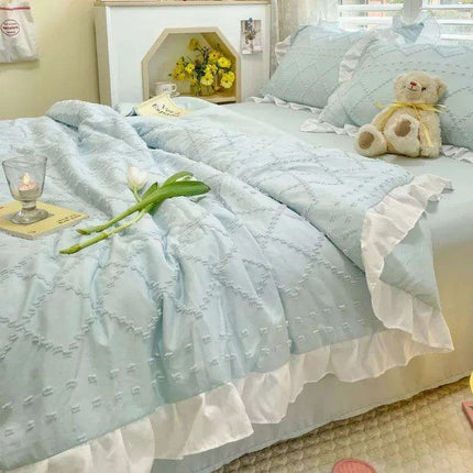 Korean Lace Premium Washed Cotton Summer Quilt Set – Four-Piece Elegance