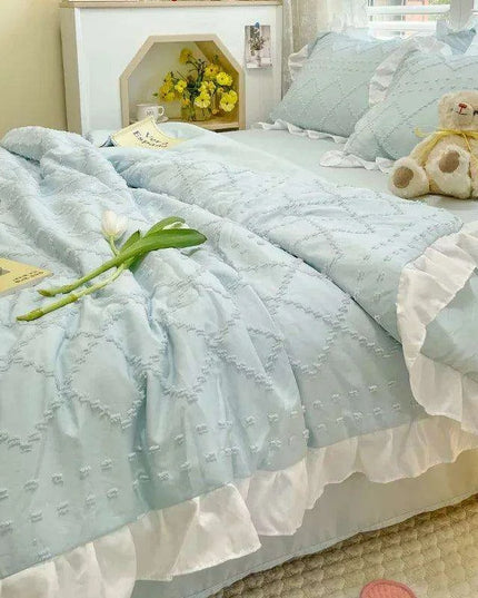 Korean Lace Premium Washed Cotton Summer Quilt Set – Four-Piece Elegance
