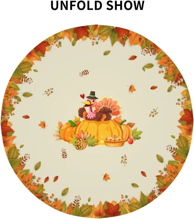 Turkey Harvest Feast Round Table Cover | Autumn Foliage Print | 60 Inches