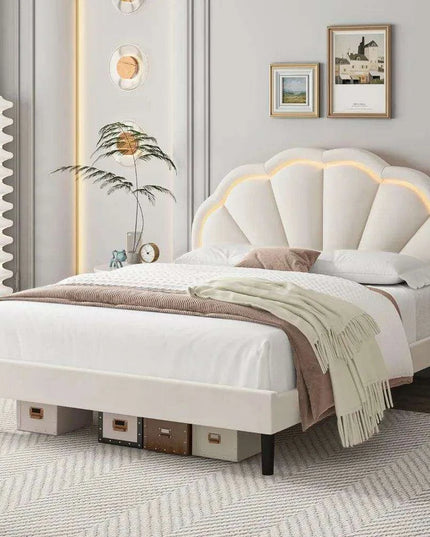 Elegant Velvet LED Flower Headboard Bed Frame - Full Size with Customizable Lighting Features