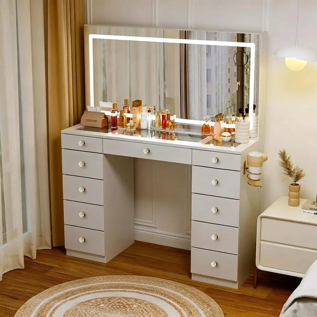 Glass Top Makeup Vanity Desk with 11 Drawers | LED Mirror & 3 Lighting Modes | Built-In Power Outlets