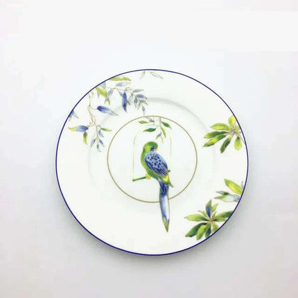 Colorful Parrot-Themed Porcelain Dining Collection: Bowl, Cup, Saucer, and Serving Tray