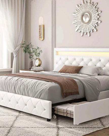 Luxurious LED Velvet Platform Bed with Versatile Storage and Elegant Tufted Finish - Transform Your Bedroom into a Stylish Retreat