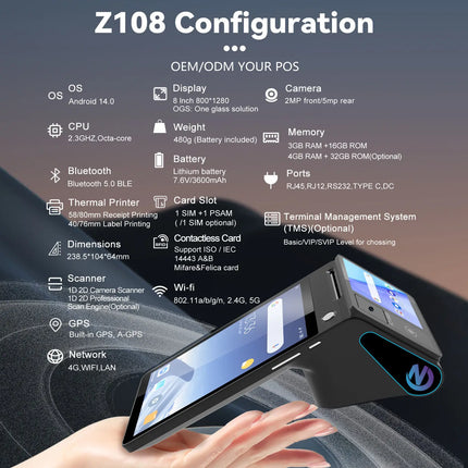 Z108 Android 14 Dual-Screen POS Terminal with NFC & Thermal Printer