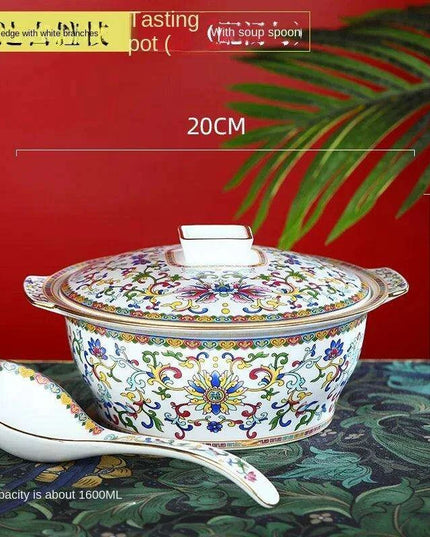Authentic Elegant Under-glazed Ceramic Soup Pot with Lid and Spoon - Large Round Design with Gold Accents for Chinese Dining and Decor