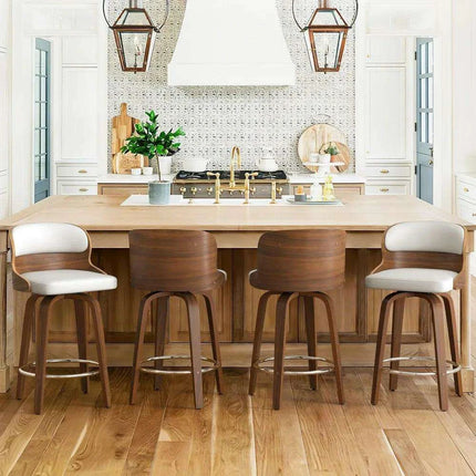 Elegant Mid-Century Walnut Swivel Counter Stools with Faux Leather Seat - 26 Inch Height